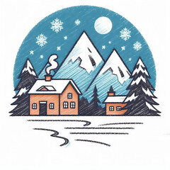 Winter landscape with houses and mountains under night sky  