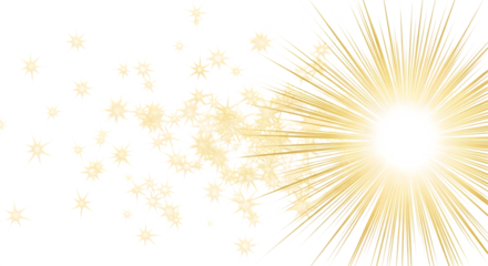 Bright golden sunburst radiating light with scattered golden particles, isolated on transparent background