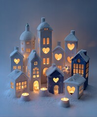 A charming winter village scene with warm candlelight illuminating snow-covered houses, each adorned with heart-shaped windows.