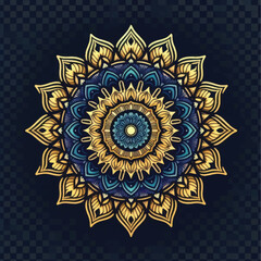 Intricate golden and blue mandala art design with detailed patterns and symmetry.