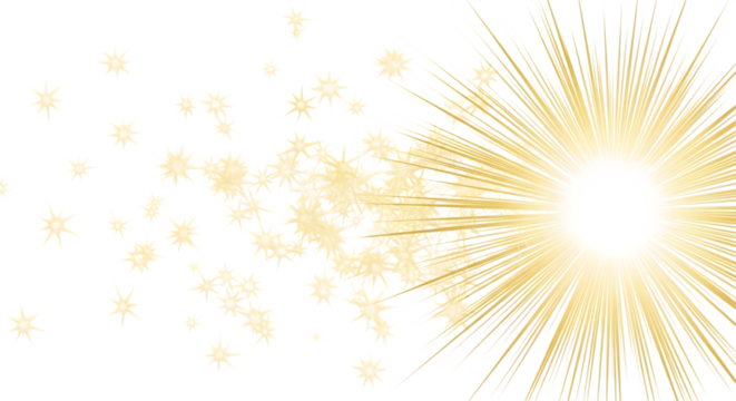 Bright golden sunburst radiating light with scattered golden particles, isolated on transparent background