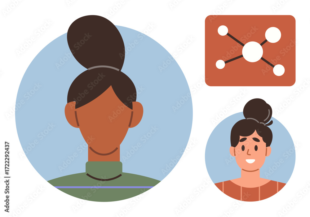 Aufkleber side profile and smiling portrait of two women in circles with a networking diagram. ideal for conne