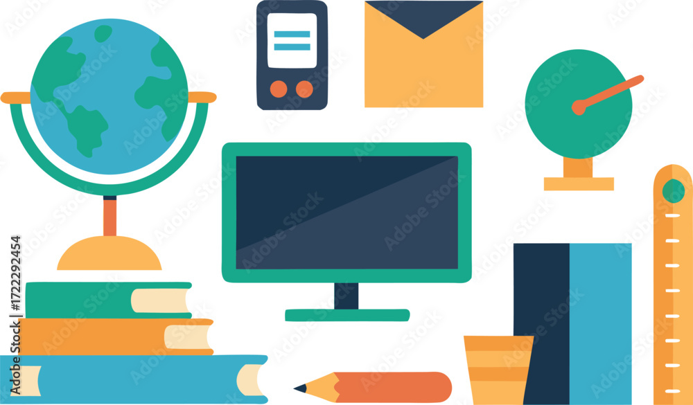 Poster classroom scene vector illustration featuring globe books computer ruler and stationery items isolat