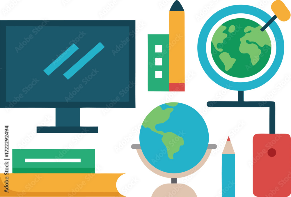 Poster classroom objects vector illustration computer globe books pencil ruler desk blackboard isolated on 