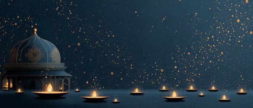 Utpanna Ekadashi. Ornate dome structure illuminated by floating candles, surrounded by a serene atmosphere filled with sparkling lights, creating a magical ambiance for festive celebrations