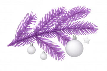 Purple christmas tree branch with white ornaments and star, festive seasonal holiday decoration, transparent background