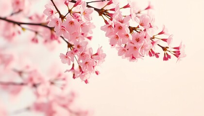 Fototapeta premium Soft pink cherry blossoms falling on a pastel background, pretty, dreamy