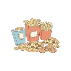 Assorted fast food snacks including pizza, fries, and cookies  