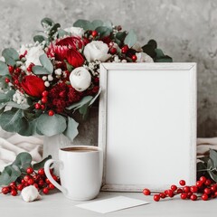 A light-grey wooden frame, displaying a blank space, sits beside a bouquet of red and white flowers and greenery, with a white coffee cup and red berries on a light-grey surface.