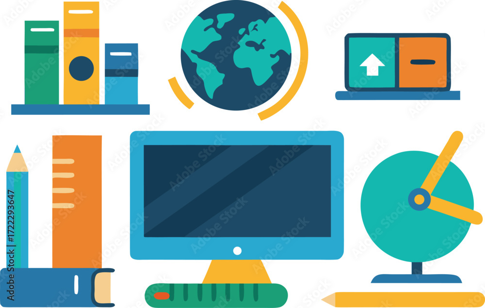 Poster educational classroom elements vector illustration featuring books computer globe and clock isolated