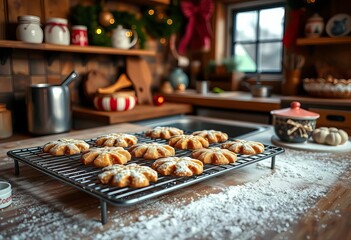 Warm, rustic kitchen scene with Christmas cookies cooling on wire rack, flour dusting surface,   holiday baking,  sweet