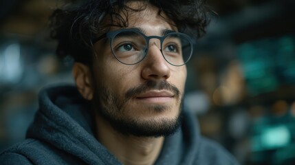 Thoughtful man with curly hair wearing glasses and hoodie, gazing into distance, reflecting on life and future in a cozy indoor environment, deep in thought