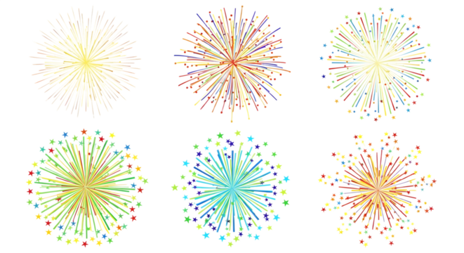 Collection of six colorful fireworks bursts isolated on transparent background, showcasing a variety of patterns and vibrant colors, perfect for celebrations and festive occasions