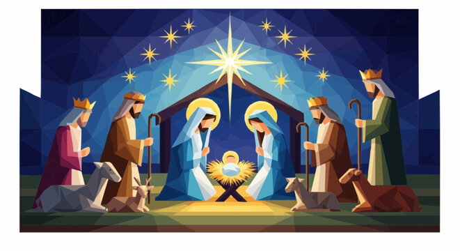 Christmas icon vector celebrate christmas nativity scene with mary joseph baby jesus and three wise men vector illustration art