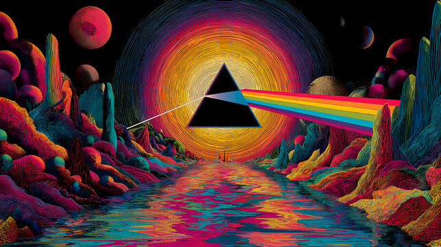 A radiant spectrum emanates from a mystical prism, illuminating a surreal, kaleidoscopic landscape where vibrant forms and cosmic elements coalesce in a harmonious display of light and color