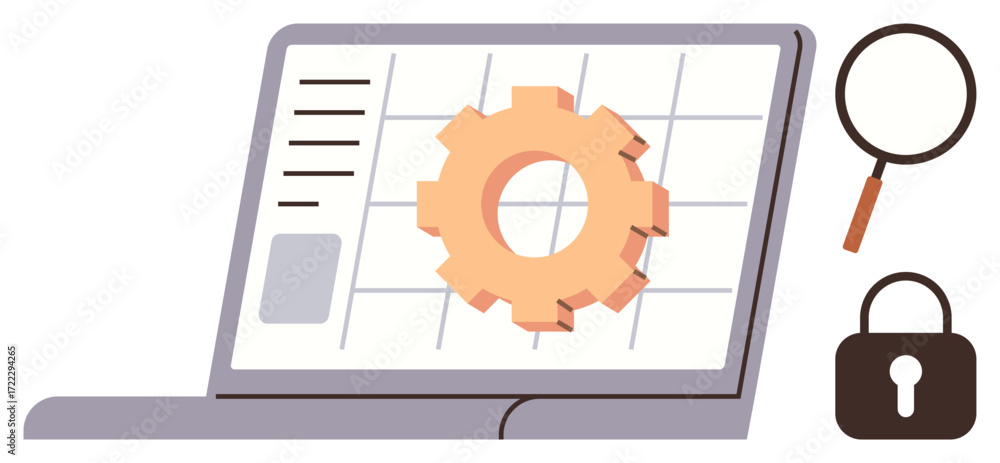 Poster laptop with gear on data grid, magnifying glass, and padlock conveying data analysis, cybersecurity,