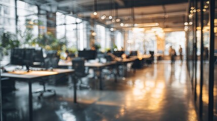 Blurred Modern Office Interior With Desks And Computers