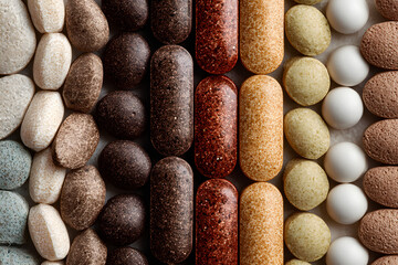 different colorful white, brown pills background, closeup, medical texture