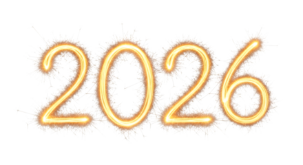 The year 2026 written in glowing golden numbers with a sparkling effect, isolated on a transparent background, symbolizing the future, new beginnings, and celebration