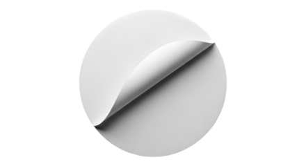 A blank white circular sticker with a peeling corner, isolated on a transparent background, representing a concept of peeling, revealing, or blank space for design or text