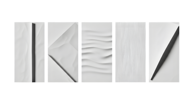 A collection of five abstract, minimalist, textured white panels, each with a unique pattern and a dark element, isolated on a transparent background