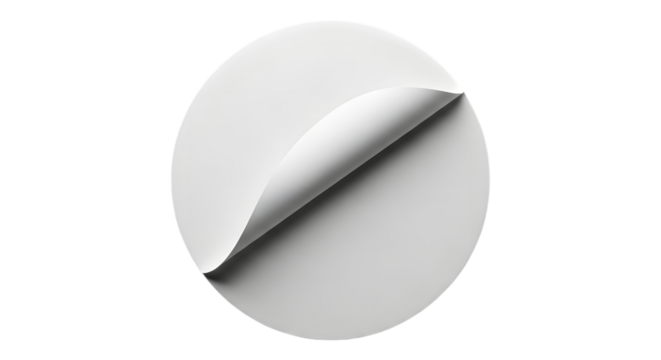 A blank white circular sticker with a peeling corner, isolated on a transparent background, representing a concept of peeling, revealing, or blank space for design or text