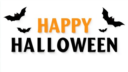 the words "happy halloween" in black text, with pumpkins and bats on a white background Generative AI