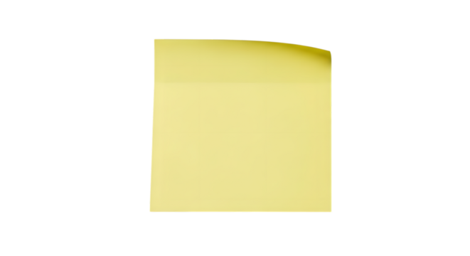 A single yellow sticky note, isolated on a transparent background, with a slight curl at the top right corner, perfect for reminders, notes, or office supplies