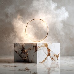 A luxurious, elevated display platform, highlighted by a golden ring and soft, ethereal smoke, sits amidst a neutral, marbled backdrop.