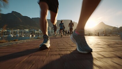 Runners on a city waterfront path at sunrise.  Focus on feet and legs.  Blurred runners in background