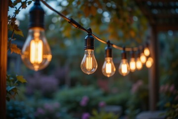 String of Vintage Bulb Lights Hanging in Garden Setting