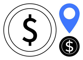 Dollar currency symbols placed within black and white circles alongside a blue map pin. Ideal for finance, location-based services, payment, banking, savings, navigation, monetary transactions