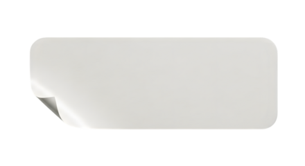 A blank, rectangular sticker with rounded corners, peeling up at one corner, isolated on a transparent background, ready for custom text or design elements