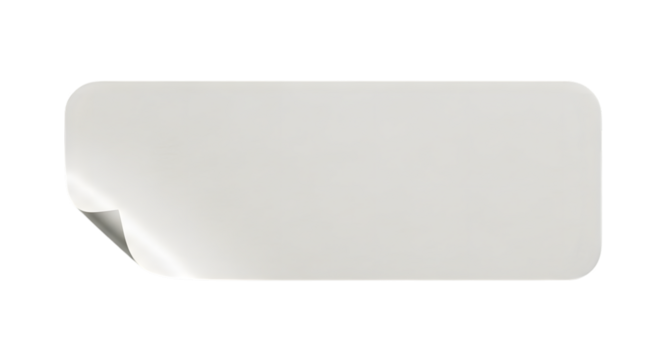 A blank, rectangular sticker with rounded corners, peeling up at one corner, isolated on a transparent background, ready for custom text or design elements