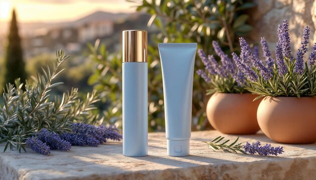 Skincare products in elegant packaging with lavender plants outdoors  