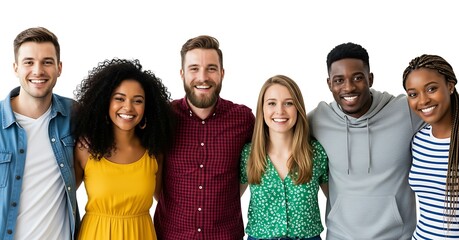 Diverse group of six young adults smiling and standing together isolated on white background representing unity and friendship