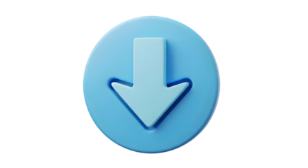 A 3d render of a light blue downward pointing arrow inside a circular button, isolated on a transparent background, symbolizing download, reduction, or negative direction