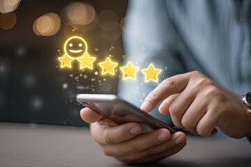 Person using a smartphone, interacting with glowing positive feedback icons