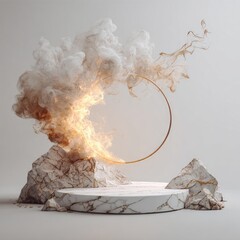 A captivating display of white marble rocks and a golden ring, encircled by swirling smoke and fire, creates a striking aesthetic.