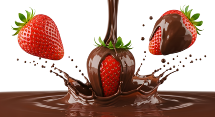 Fresh strawberries being dipped in rich, dark chocolate, creating a splash of deliciousness, isolated on transparent background