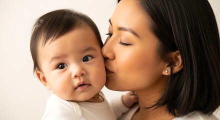 Close up portrait of a tender loving mother kissing her adorable baby daughter expressing deep affection and a warm family bond isolated on a soft white background