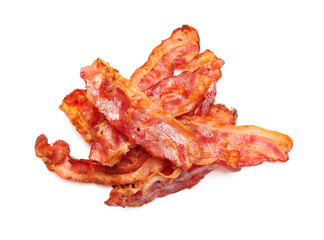Fried bacon rashers on white background