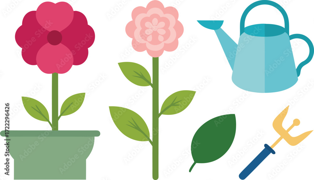 Poster set of blooming garden icons featuring rose peony hydrangea and watering can scalable vector isolate