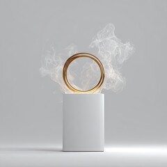 A sophisticated, minimalist pedestal displays a golden ring design, enveloped in wispy, ethereal smoke against a neutral backdrop.