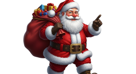 Santa claus with a sack full of gifts, isolated on transparent background, pointing the way with his finger, embodying the spirit of christmas and holiday cheer