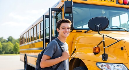 Happy young male student carrying backpack smiling cheerfully beside bright yellow school bus outdoors ready for education journey back to school concept