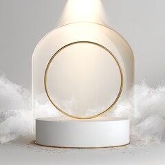 A minimalist, elegant white pedestal with a gold circle rim, illuminated by a soft light, sits within a cloud-like setting.