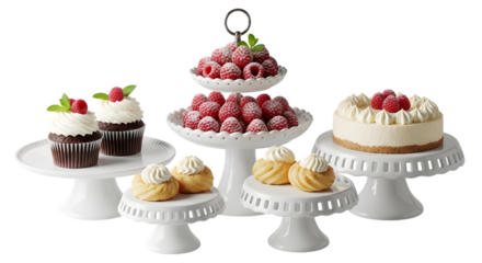 A delightful assortment of freshly baked desserts, including cupcakes, a tiered cake, and small pastries, all beautifully presented on white cake stands, isolated on transparent background