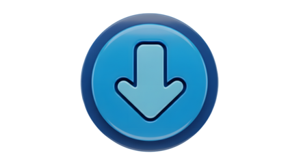 A blue circular button with a downwardpointing arrow icon, isolated on a transparent background, representing a download or direction function