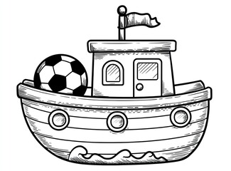 Simple, black and white sketch of a toy boat with a soccer ball. The boat has a cabin, a flag, and stylized hull details. Gentle waves are below